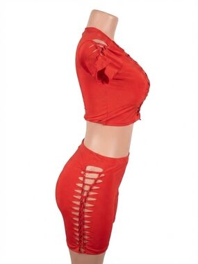 Red Cutout Side Lace-Up Skirt Set
